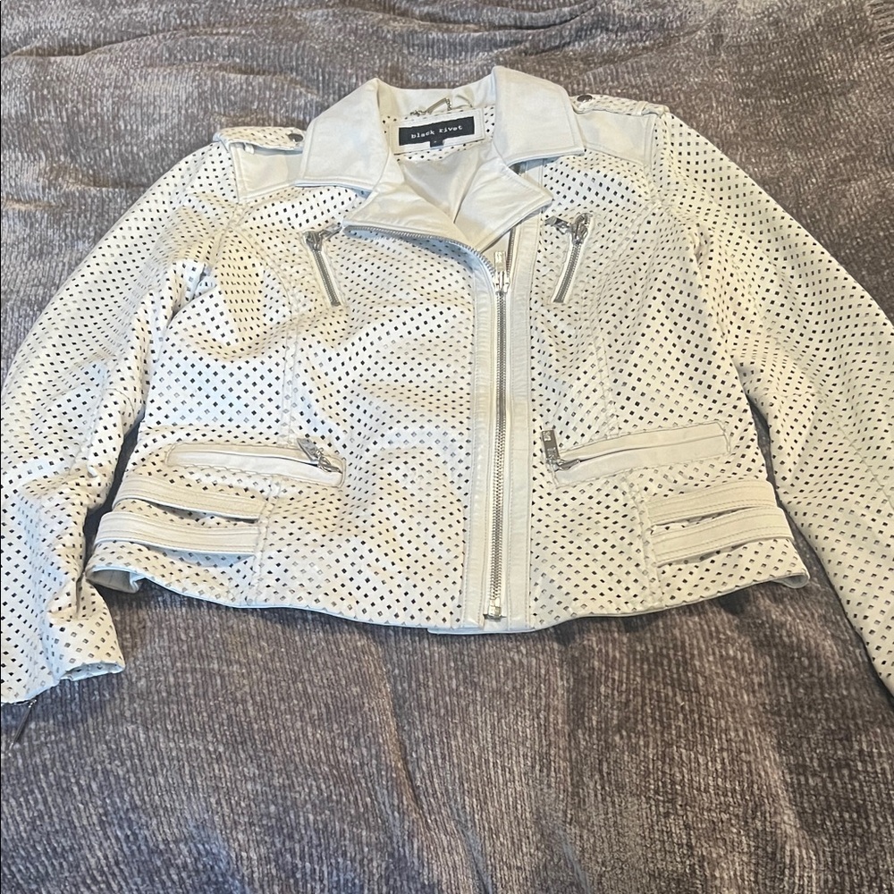 Black Rivit White Perforated Leather Women’s Motorcycle Biker Jacket L
